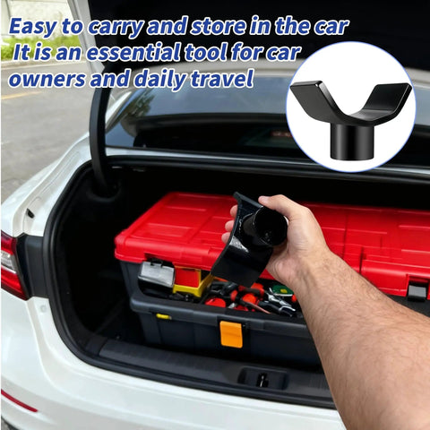 Person holding a bottle jack adapter in front of car trunk storage. Bottle Jack Adapter For RV Truck Fits 2 3 4 Inch Round Or Square Tubes 12 Ton.