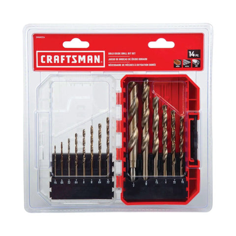 Gold Oxide Drill Bit Set For Wood Metal Or Plastic, 14-piece with split point for precise holes, corrosion resistant bits in case.