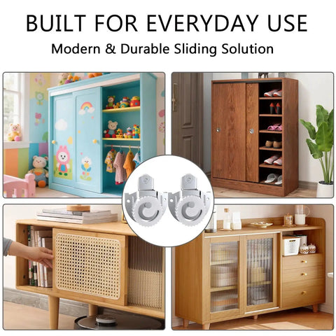 Image showing four wardrobes with a 12 Piece Sliding Closet Door Hardware Kit With Rollers, Hangers, Knobs installed.