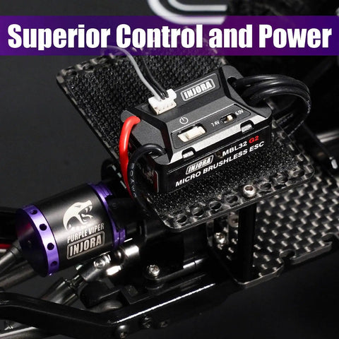Close-up of MBL32 G2 Waterproof Brushless ESC and 1721 Purple Viper Outrunner Motor for 1/18 TRX4M Ascent 18 upgrade, installed.