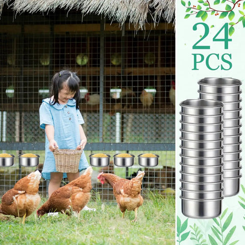 Little girl feeding chickens with Stainless Steel Bird Bowls 10 Oz 24 Pack With Clamps near coop.