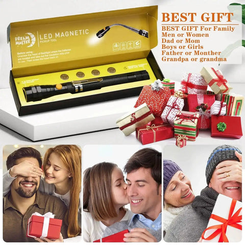 Magnetic Pickup Tool With Telescoping Magnet And Flashlight in gift box beside wrapped presents, ideal for men and women.
