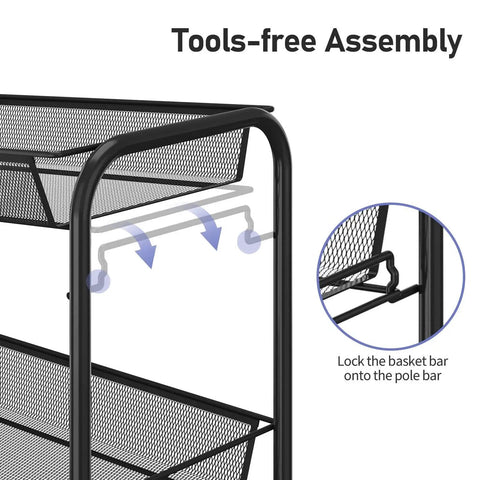 Easy assembly feature of Three Tier Metal Rolling Cart With Mesh Wire Shelving And Wheels, showing locking mechanism.