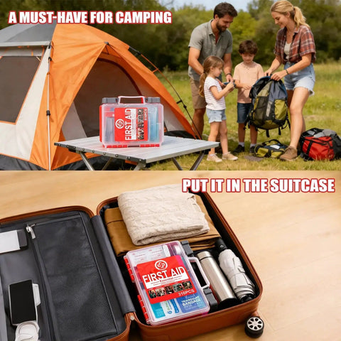 Camping scene with Comprehensive 310 Piece Hard Case First Aid Kit on table near tent and packed in suitcase for travel emergencies.