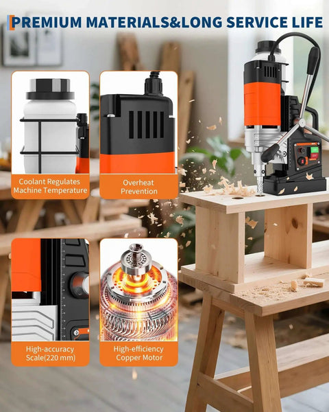 Beast Magnetic Drill Press With 1750W Copper Motor And 810 RPM For Heavy Duty Metalwork, showing features and drilling in wood.