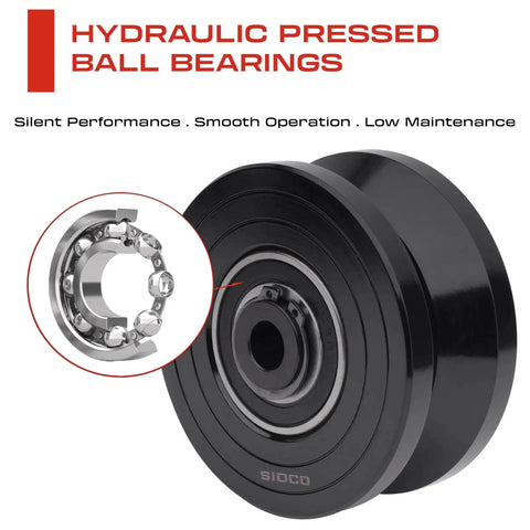 Hydraulic pressed ball bearings featured on a 3.5 Inch V Groove Wheel Inverted V Shape for sliding gates, highlighting smooth operation.