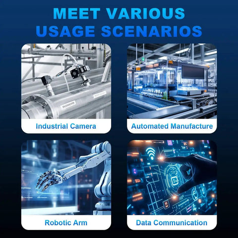 Various industrial use scenarios for M12 A Code 5 Pin Male To 5 Pin Female Waterproof Connector Cable, including cameras and automation.