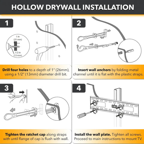 Hollow drywall installation steps for the Steel Stud TV Mounting Kit With Heavy Duty Anchors Holds Up To Two Hundred Pounds On Steel Studs Includes Six Elephant Anchors One Quarter Inch And Titanium Coated Pilot Head Drill Bit For Precise Easy Installation.