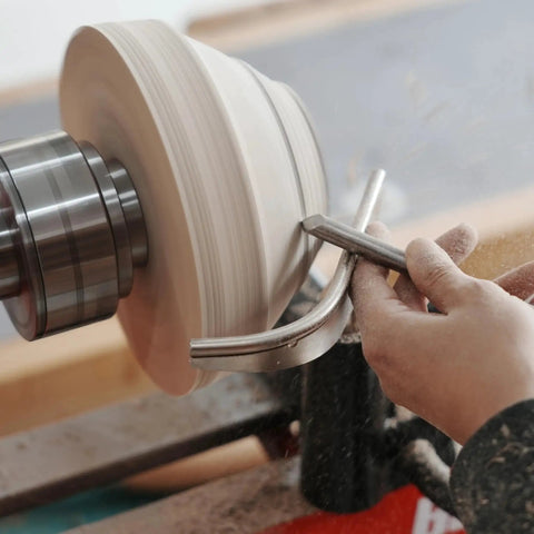 Four Piece Toolrest Set For Wood Lathe Bowl Turning With A One Inch Stem Glide For Deep Interior Access in use on lathe