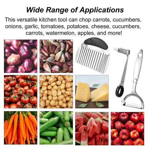 Vegetable Spiral Cutter Set With Crinkle Fry Cutter Waffle Slicer Knife And Peeler Stainless Steel Kitchen Gadgets For Potatoes Cucumbers Carrots And Veggies Prep Like A Pro No Fuss showing tool and chopped veggies
