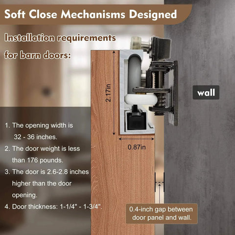 38 Inch Concealed Sliding Barn Door Hardware Kit With Soft Close, side view showing internal mechanisms and requirements.