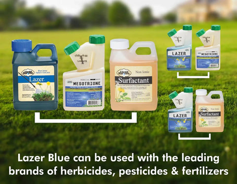 Lazer Blue Spray Pattern Indicator For Pro Grade Precise Turf Marking And Weed Dye 8 Ounces next to herbicides and surfactant bottles