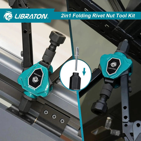 Two In One Rivet Nut Tool And Rivet Gun Kit Folding Heavy Duty Hand Tool with 11 Mandrels and 5 Nose Pieces in use