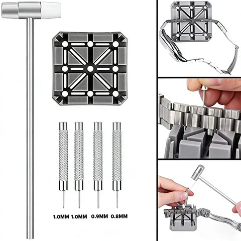 Watch Band Link Pin Remover And Repair Tool Kit, 24 In 1 Set with dual head hammer, pin remover, and watch holder in use