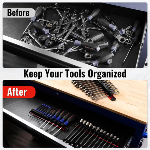 Comparison showing tools disorganized in a drawer versus organized using a magnetic screwdriver and wrench organizer with aluminum rail, 36 slots.