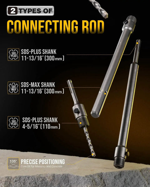 13 Piece Concrete Hole Saw Kit With Tungsten Carbide Bits 30mm To 110mm Masonry Hole Saws Includes 300mm SDS Plus Bit And 300mm SDS Max Shank Drill Bits For Drilling Concrete Brick And Walls showing SDS Plus and Max Shank connecting rods for precise positioning.