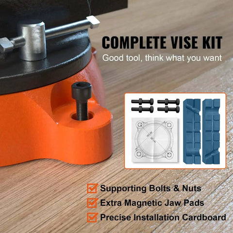 Versatile 6 Inch Bench Vise With 360 Degree Swivel And Anvil VEVOR Heavy Duty Ductile Iron Workbench Vise, includes bolts, nuts, and jaw pads.