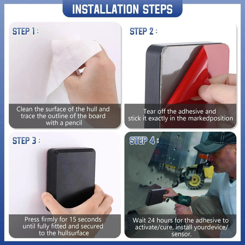 Installation steps for No Drill Transducer Mounting Kit with adhesive application and curing process for boats.