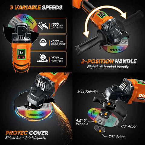 Cordless Angle Grinder With 20V Max Battery Compatibility, 3 Variable Speed, Pro Grade Brushless Motor With LED, Orange