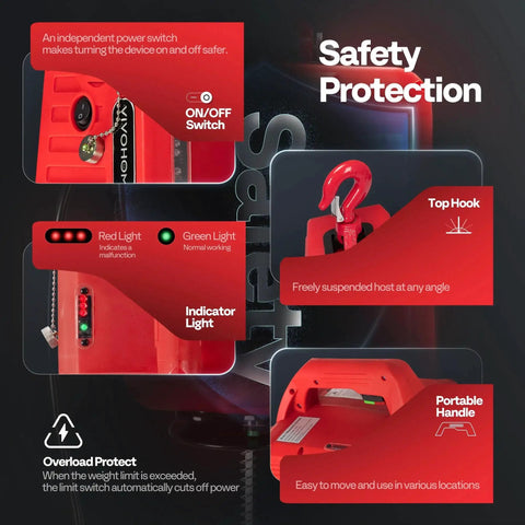 3-In-1 Electric Hoist Winch 1540Lb Lift With Wireless Remote And Wired Control showing safety features like on/off switch and handle.