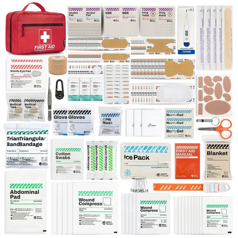 Contents of Grab And Go All Purpose First Aid Kit For Home And Office Ready For Emergencies With Thermometer Ice Packs Burn Gel Bandages
