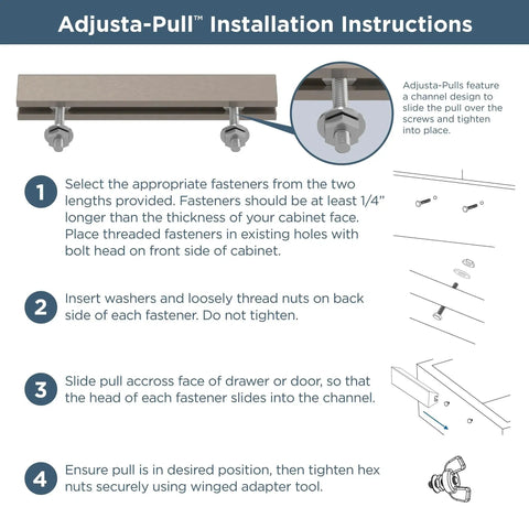 Installation instructions for 5 Pack Adjustable Drawer Pulls In Champagne Bronze For 2 To 8 13/16 Inch Hole Centers With Classic Curve Design