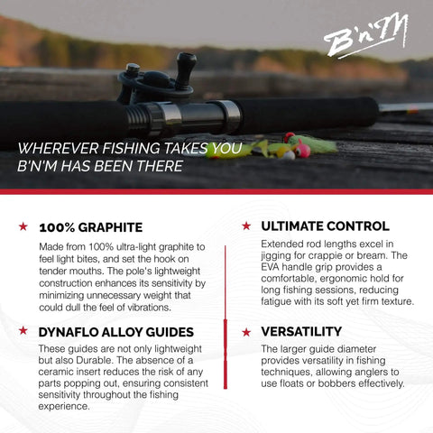 Graphite Jig Pole 16 Foot Three Sections Ultralight Durable Pole With DynaFlo Guides for ice fishing, highlighted features backdrop.