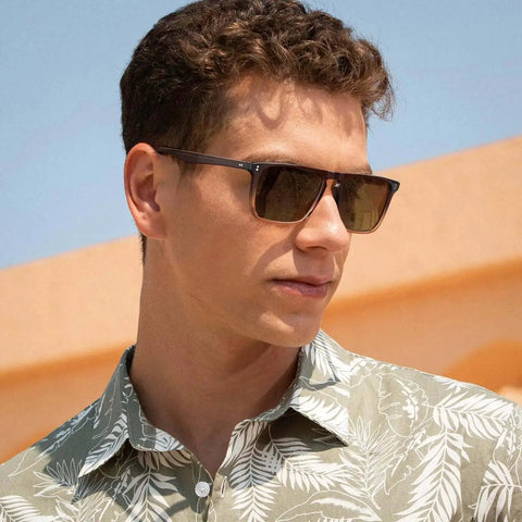 Man wearing Retro Polarized Sunglasses For Men With UV Protection Dope Hand Crafted Acetate Frame Classic Rectangular Style Crystal Coffee.