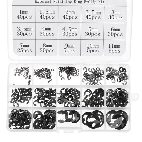 All In One Snap Ring Kit 400 pcs external retaining circlips set with 15 metric sizes from 1mm to 11mm blackened carbon steel