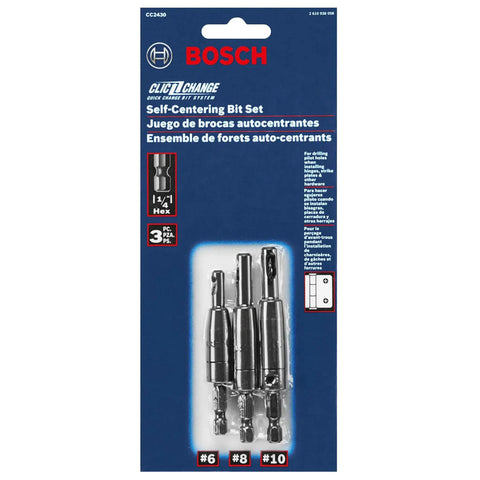 Clic-Change 1/4 In Self-Centering Drill Bit Set, 3-piece by Bosch in retail packaging, includes #6, #8, #10 bits for hardware installation.