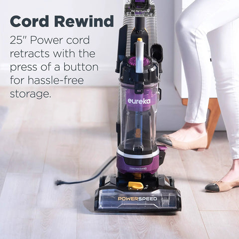 Eureka PowerSpeed NEU202 upright vacuum in purple with automatic cord rewind for carpet and hard floors.
