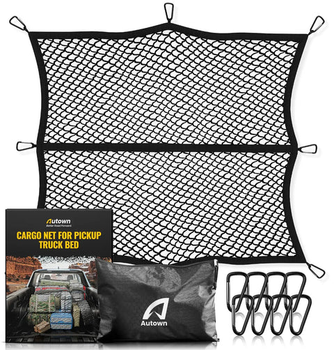 Stretchable Cargo Net for Pickup Truck Bed 4x4 to 7x7 With 1x1 Fine Mesh And 8 Carabiners Heavy Duty Elastic Design displayed flat with packaging and carabiners.