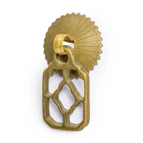 Flower Box Brass Cabinet Pulls Set of 2, 2.1 Inch Length Brass Hardware Handles For Cabinets And Furniture, Architectural Interior Design Hardware With Radial Washer Accessories For Easy Installation, shown close-up thin ornate geometric brass plate with circular, radial brass washer accessory.