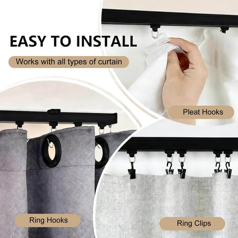 Heavy Duty Ceiling Curtain Track System For Room Divider And Wall Mounted Sliding Curtain Rail With Clips And Hooks For Living Room Bedroom Shower And Outdoor Use Aluminum Alloy Weather Resistant 6 To 9 Feet Black, illustrating installation with ring hooks, ring clips, and pleat hooks.
