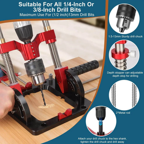 Upgraded Portable Drill Guide For Precise Straight Holes, Adjustable From Zero To Sixty Degrees, metal clamps on wood surface