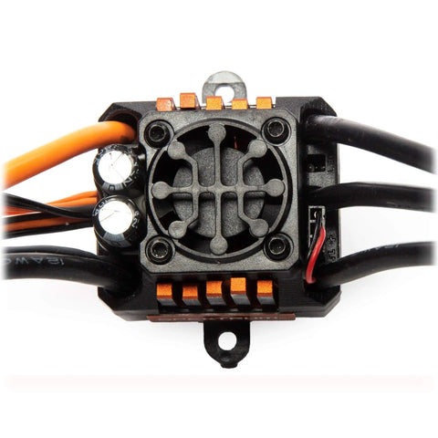 Close-up of 85A Brushless Smart ESC And 4000Kv Sensorless Motor Combo For RC Cars, features cables and connectors.