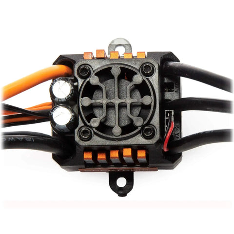 Firma 85A Brushless Smart ESC with telemetry system, black housing, for RC cars and trucks, focus on motor wiring connectors.
