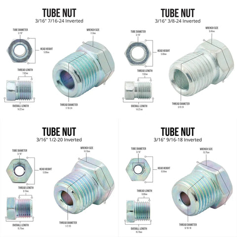 Collage of four metal tube-nut fittings diagrams showing hex nuts and threaded ends in multiple sizes