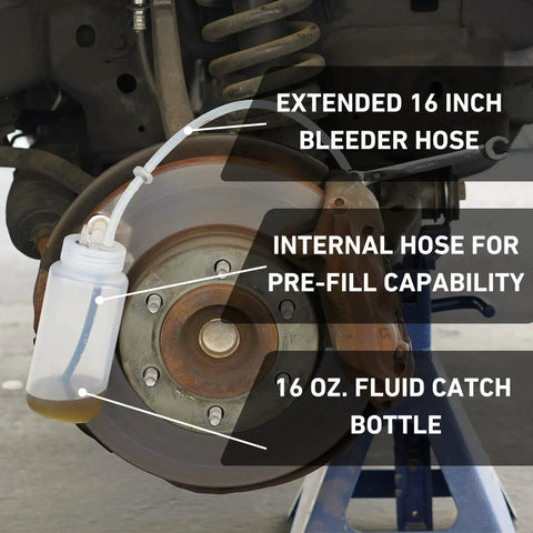 Cal-Spec Tools brake bleeder kit with magnet mount, 16 oz catch bottle and 16-inch hose shown on a vehicle brake rotor.