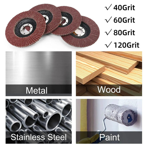 Power Through Metal With A 20 Piece Flap Discs Set For Angle Grinders For DIYers And Pros Four And A Half Inch Type 27 Aluminum Oxide Abrasive 40 60 80 120 Grits Seven Eighths Inch Arbor LotFancy shown with usage examples on metal, wood, and more.