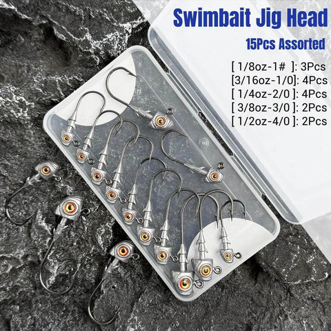 3D Eyes Bass Jig Heads For Fishin And Angling, 15 Pieces Of Finesse Swimbait Jigs With Cone Bait Keeper, assorted sizes in case