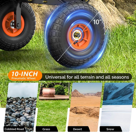 Heavy Duty Dump Cart Wagon With Quick Release Dump, featuring 10 inch all terrain tires suitable for cobbled, grass, desert, and snow.