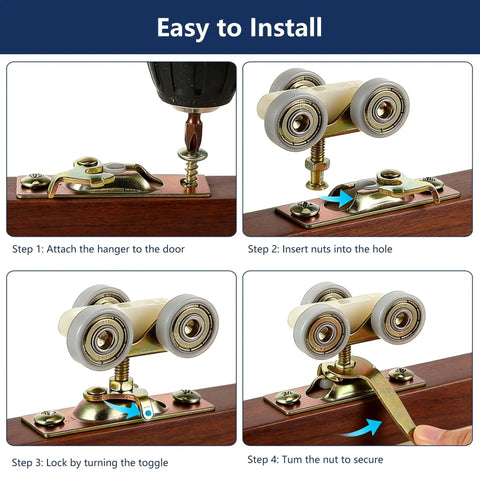 Installation guide for 2 Pack 3/4 Inch Sliding Pocket Door Rollers Assembly With Nylon Wheels, Top Hanger And 4 Screws For Pocket Door Bypass Closets, Durable Metal Base, Smooth Rolling, Quiet Operation, High Load Capacity, Silver.