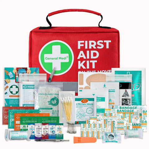 Go-To 150-Piece Compact First Aid Kit with medical supplies including instant cold pack and emergency blanket for travel, home, and camping.