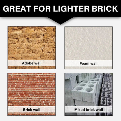 Four wall types: Adobe, Foam, Brick, and Mixed Brick, with text 'Great for Lighter Brick' shown above.