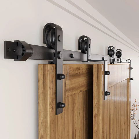Black Rustic Single Track Bypass Sliding Barn Door Hardware Kit For Double Doors 11Ft Flat Track With Classic Roller Design installed.