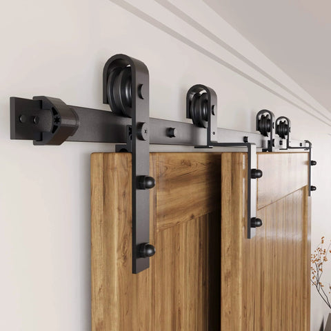 Black Rustic Bypass Sliding Barn Door Hardware Kit For Double Doors, 6ft Flat Track, Classic Steel Rollers, installed view