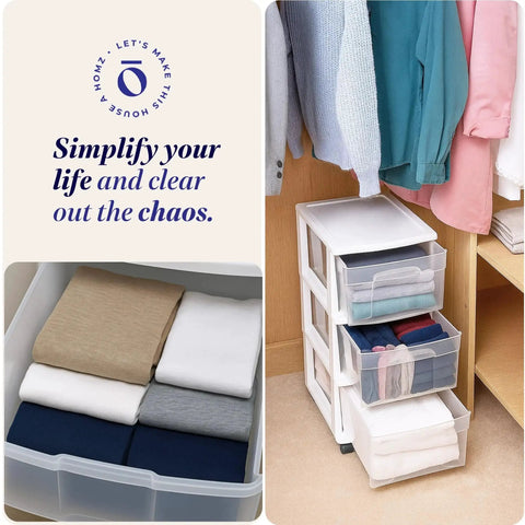 Three Tier Rolling Storage Cart With Removable Wheels In White Frame, Clear Bin Drawers, shown in a closet with folded clothes.