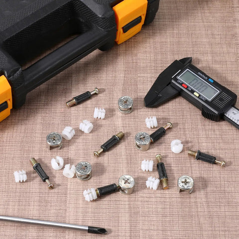 Cam Lock Nuts And Cams Screws Set For Furniture 20 Sets M6 X 35mm 3 In 1 Eccentric Hardware Kit displayed with tools on table