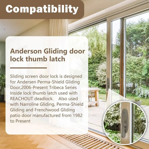 Thumb Latch Replacement Sliding Door Lock for Patio Doors Fits Narroline Gliding Perma Shield Gliding And Frenchwood Gliding Models Includes Fasteners for 2 Panel and 4 Panel Doors Durable Easy Install Hardware for Smooth Operation shown installed on a patio door with a garden view.